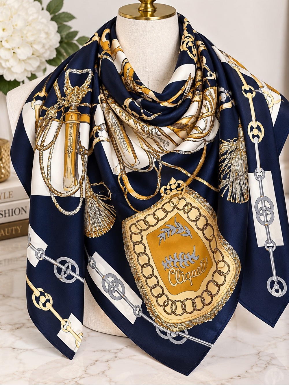 Large Square Cliquetis Equestrian Scarf Navy Gold ChainTassel Quiet Luxury
